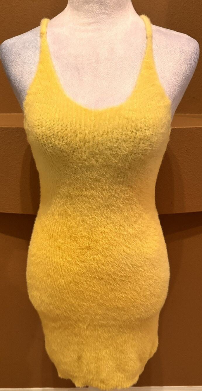 For Love & Lemons Knit Midi Dress Yellow Ribbed Bodycon Size XS